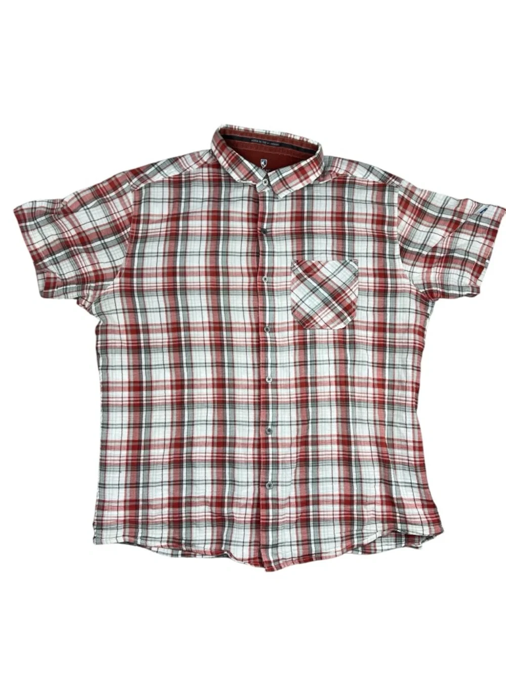 Kuhl Shirt Mens XL Red Gray Plaid Button Up Trail Hiking Outdoors Organic Cotton